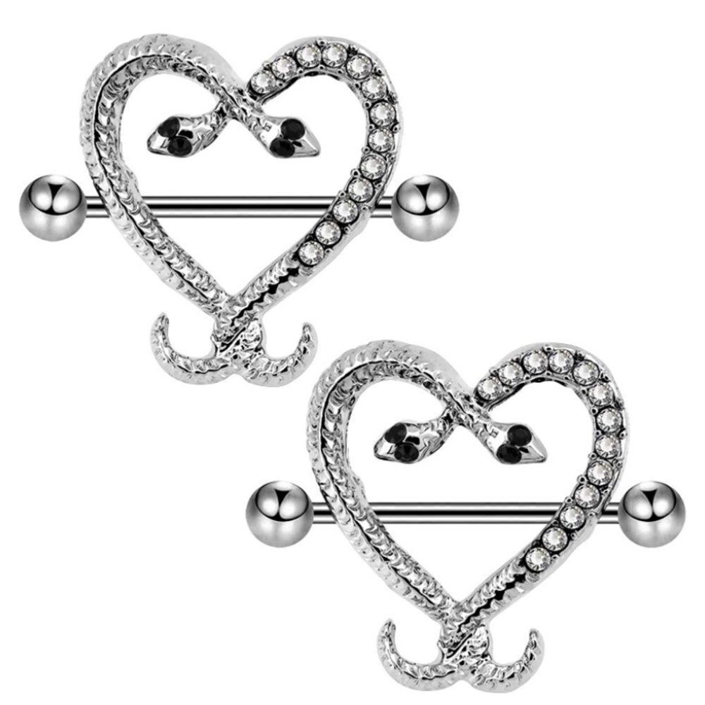14G 316L Silver Crystal Heart Snake Nipple Rings - Set of 2